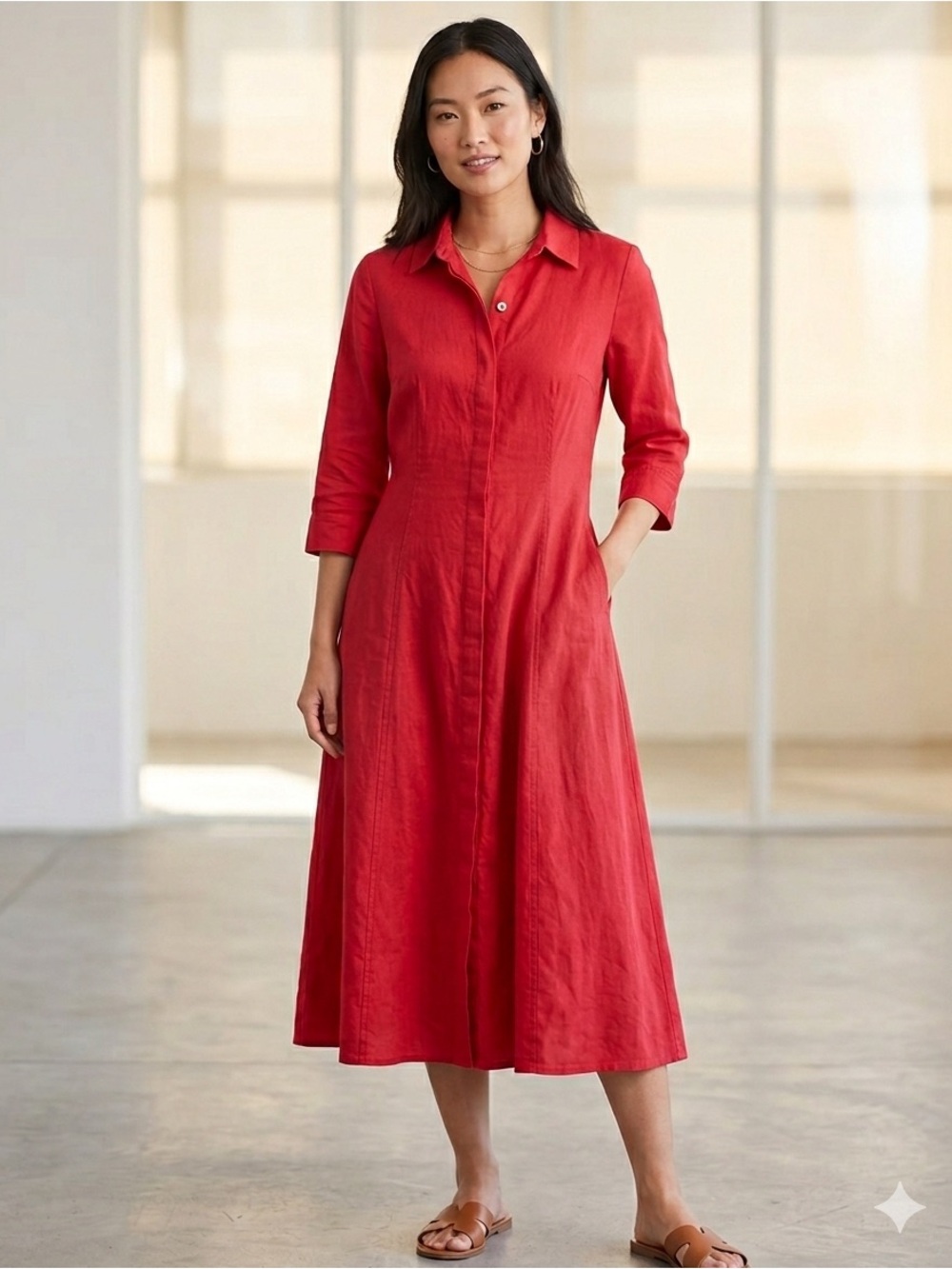 Joie Red Linen Blend Button Down Midi Shirt Dress 3/4 Sleeve Fit & Flare Sz S